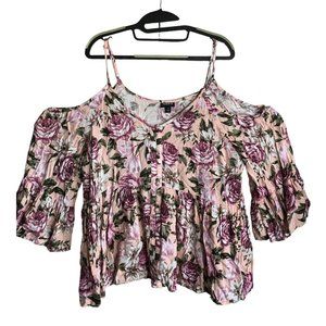 Torrid Top Women Size 1  Purple Floral Button Up Babydoll Cold Shoulder Casual
